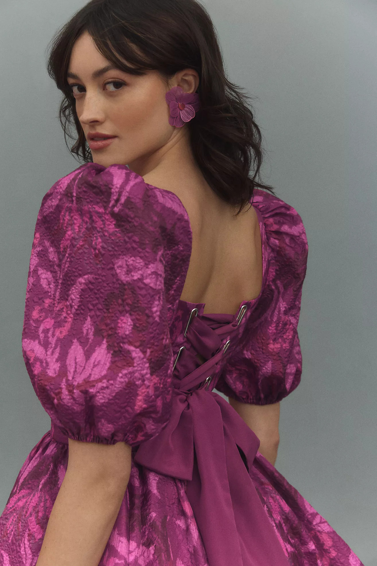 BHLDN Chloe Puff-Sleeve Square-Neck Jacquard Mini Dress | Anthropologie (US)