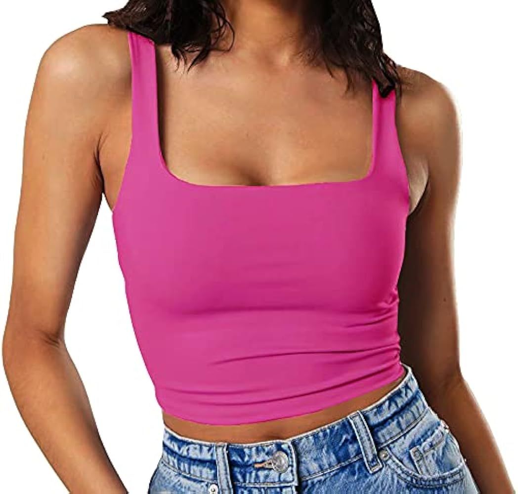 Artfish Women's Sleeveless Strappy Crop Tank Tops Square Neck Camis Going Out Neon Hot Pink, M at... | Amazon (US)