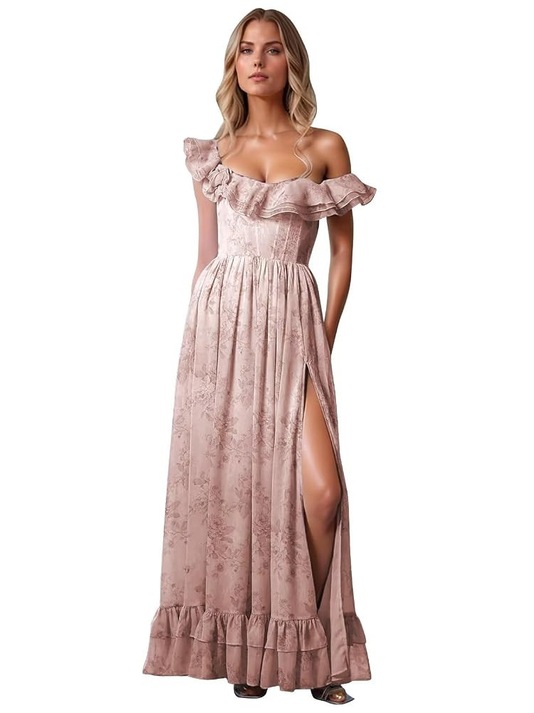 Floral Chiffon Long Bridesmaid Dresses for Women A Line Off Shoulder Formal Evening Gowns with Sl... | Amazon (US)