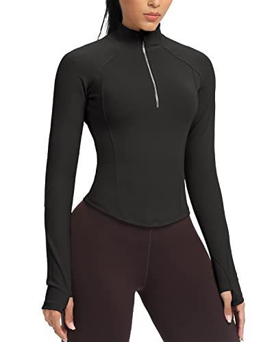 GYM RAINBOW Women's Workout Jackets Half Zip Pullover Athletic Gym Shirts Long Sleeve Workout Tops(#1 Black,X-Small) | Amazon (US)