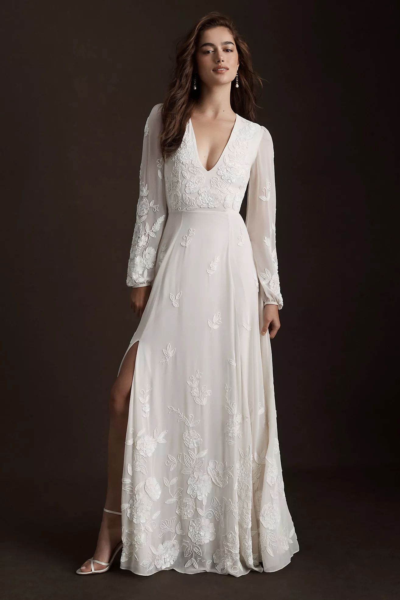 BHLDN Nassau Long-Sleeve Deep-V Embroidered Side-Slit Wedding Gown | Anthropologie (US)