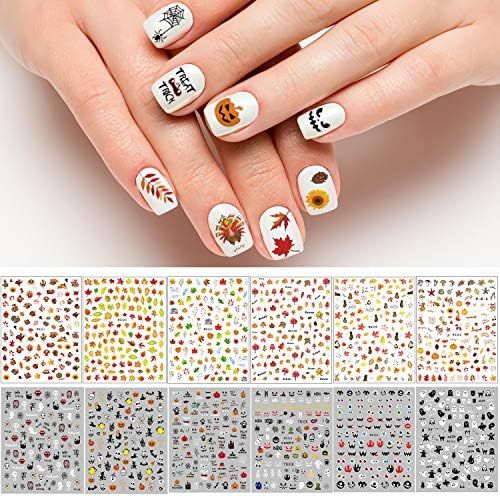 Adurself 1000+ Patterns Halloween and Autumn Fall Nail Art Decals Pumpkin Maple Leaves Nail Self-... | Amazon (US)