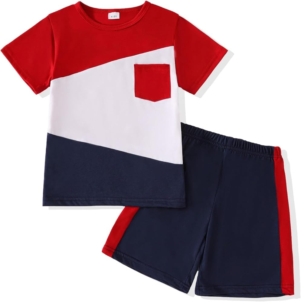 Kids Toddler Boy Clothes Outfits Colorblock Short Sleeve T Shirt with Pockets + Shorts 2 Pieces S... | Amazon (US)