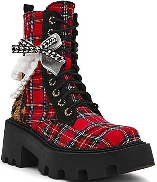 Betsey Johnson Hariett Plaid Bow and Pearl Platform Combat Boots - 11 | Dillard's