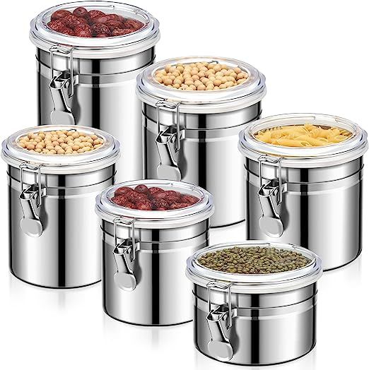 Dunzy 6 Pcs Stainless Steel Canister Sets for Kitchen Counter Loose Tea Storage with Clear Lid Fl... | Amazon (US)