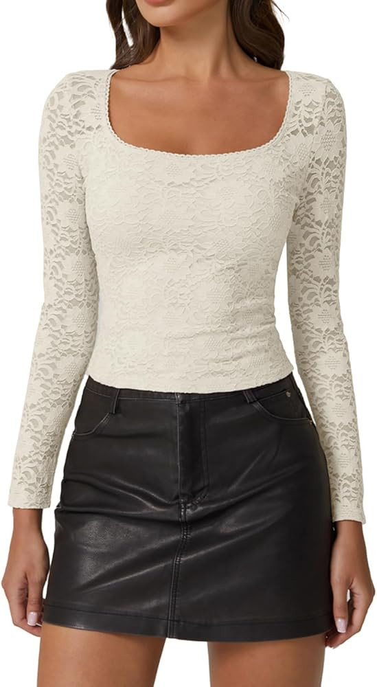 QINSEN Chic Floral Lace Crop Tops for Women Slimming Fit Long Sleeve Square Neck Going Out Basic ... | Amazon (US)