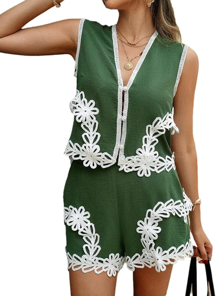 Outfit for Women Crop Top Lace Hem Vest with Shorts Womens 2 Piece Lounge Set Summer Clothes | Amazon (US)