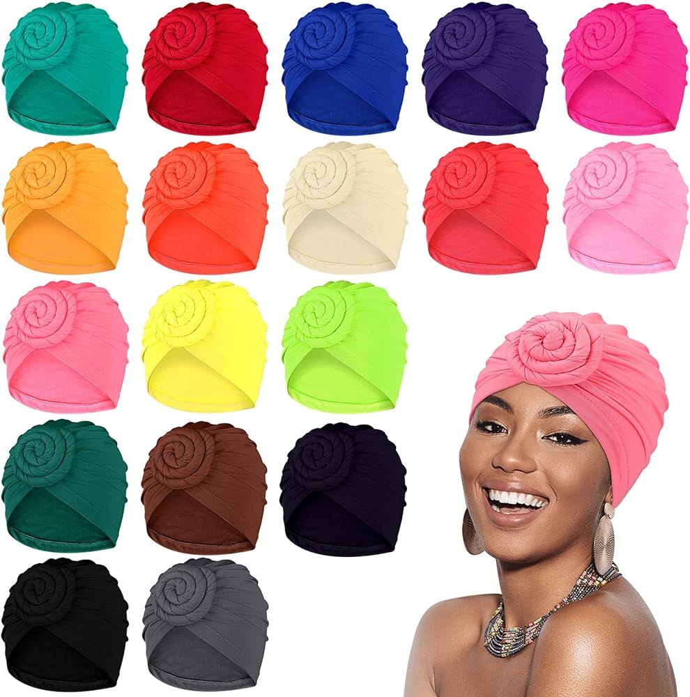 18 Pieces Women African Headwrap Pre Tied Bonnet Turban Hair Wrap for Sleeping Flower Knot Bonnet... | Amazon (US)