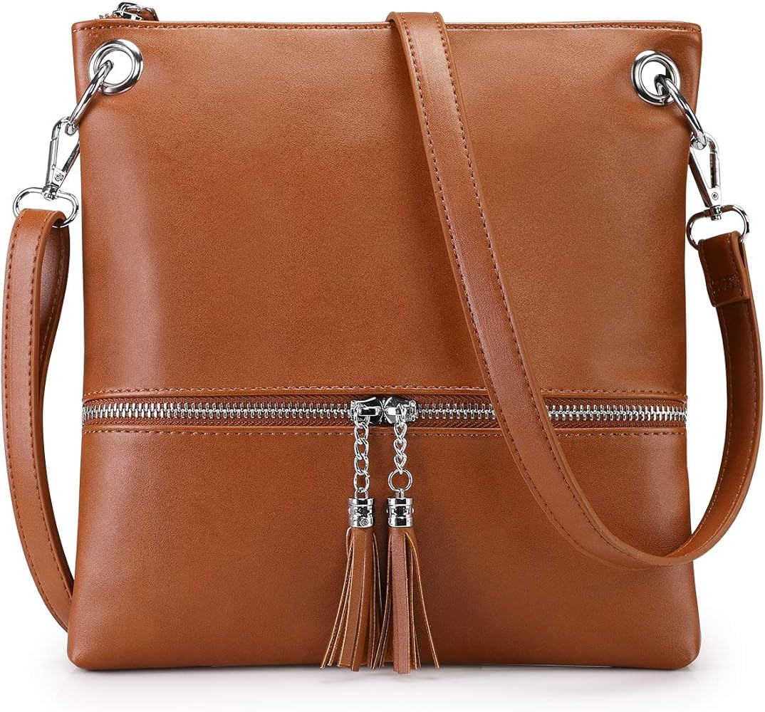 Women Lightweight Medium Canvas PU Leather Crossbody Bag with Tassel | Amazon (US)