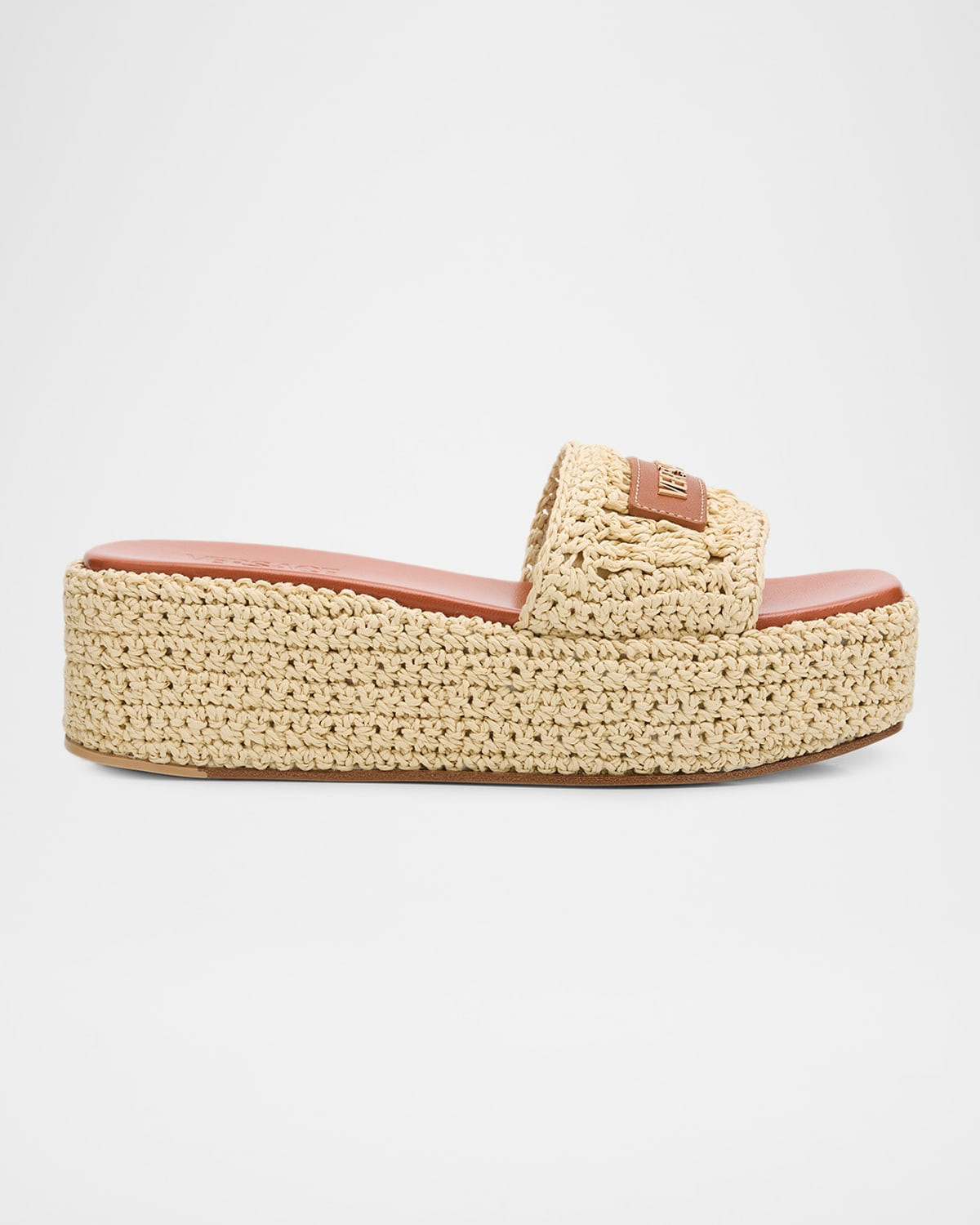 55mm Logo Tag Raffia Platform Sandals | Neiman Marcus