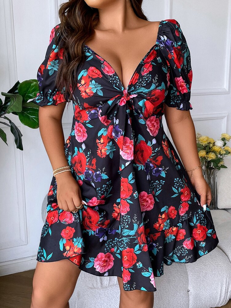 Plus Floral Print Knot Front Puff Sleeve Ruffle Hem Dress | SHEIN