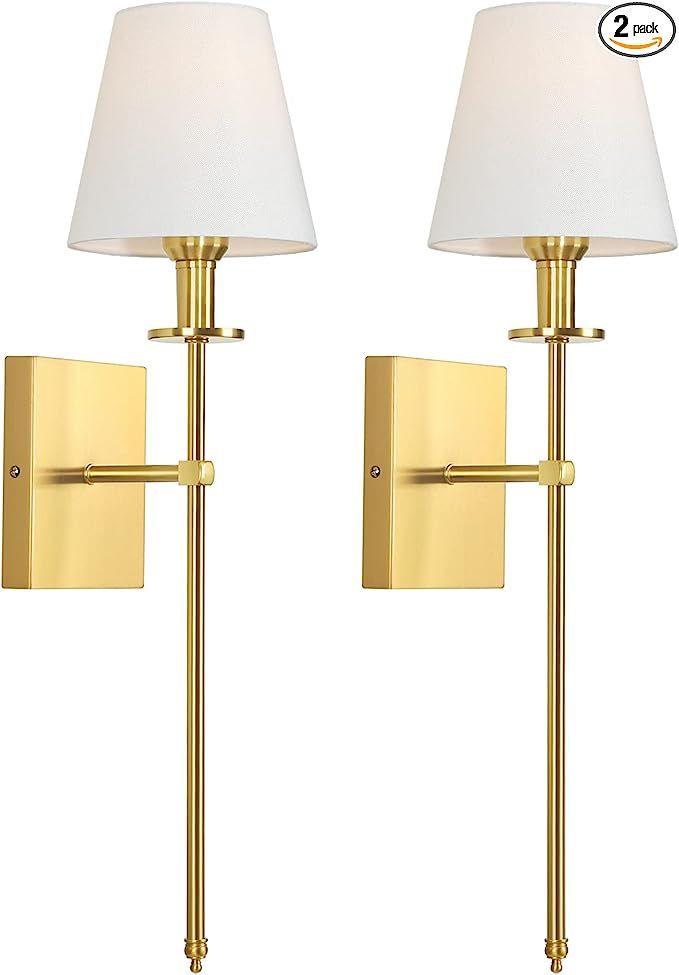 Set of 2 Gold Slim Wall Sconces with White Lampshade, Plug in or Hardwired Indoor Wall Light, Rus... | Amazon (US)