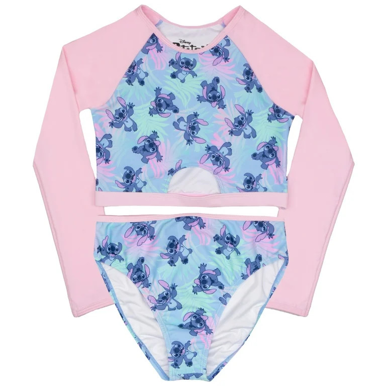 Disney Lilo & Stitch Girls 2-Piece Swimsuit Set, Long-Sleeved Rash Guard and Bikini Bottoms with ... | Walmart (US)
