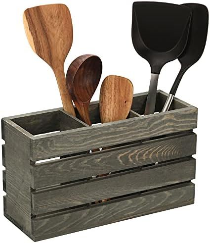 MyGift Wall Mounted Cooking Utensil Crock - Vintage Gray Solid Wood Countertop Kitchen Tools Organiz | Amazon (US)