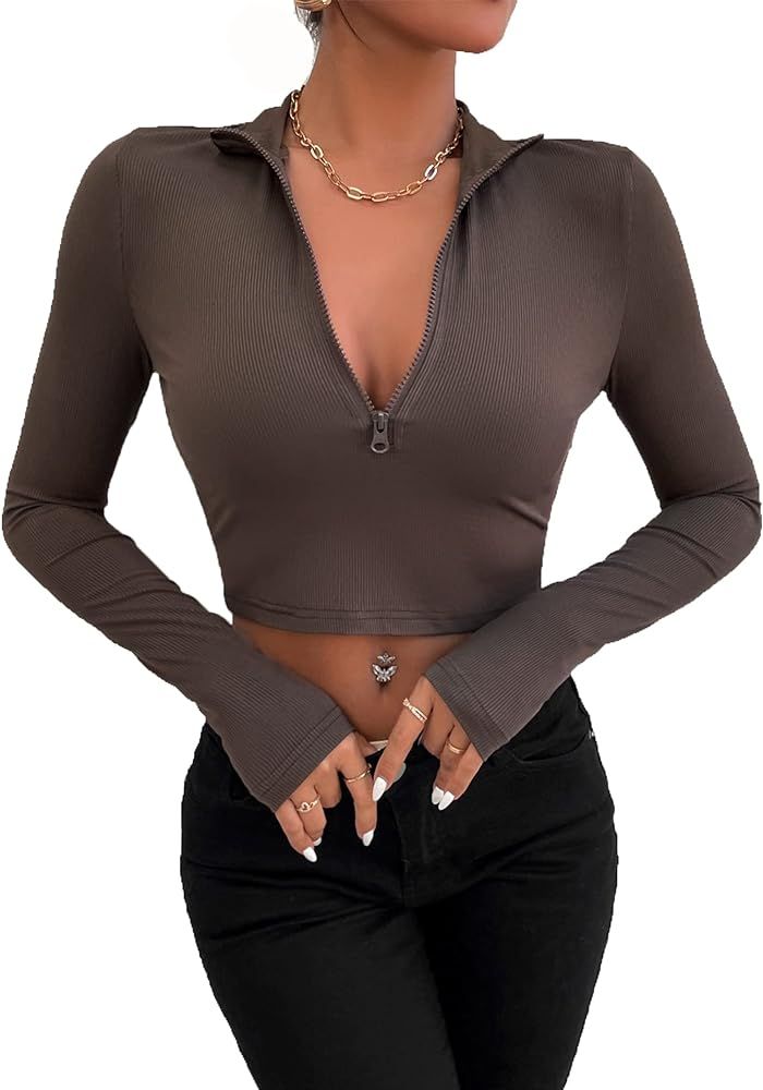 Milumia Women's Casual Zip Crop Slim Tee Stand Collar Long Sleeve T Shirt Top | Amazon (US)