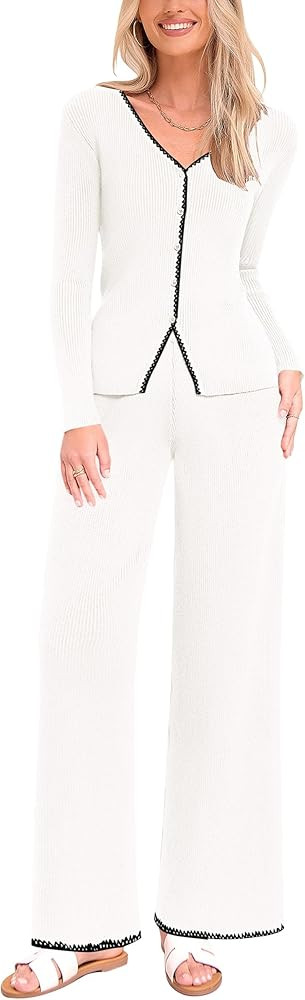 PRETTYGARDEN Women's 2 Piece Outfits 2024 Winter Knit Lounge Sets Long Sleeve Buttons Sweater Top... | Amazon (US)