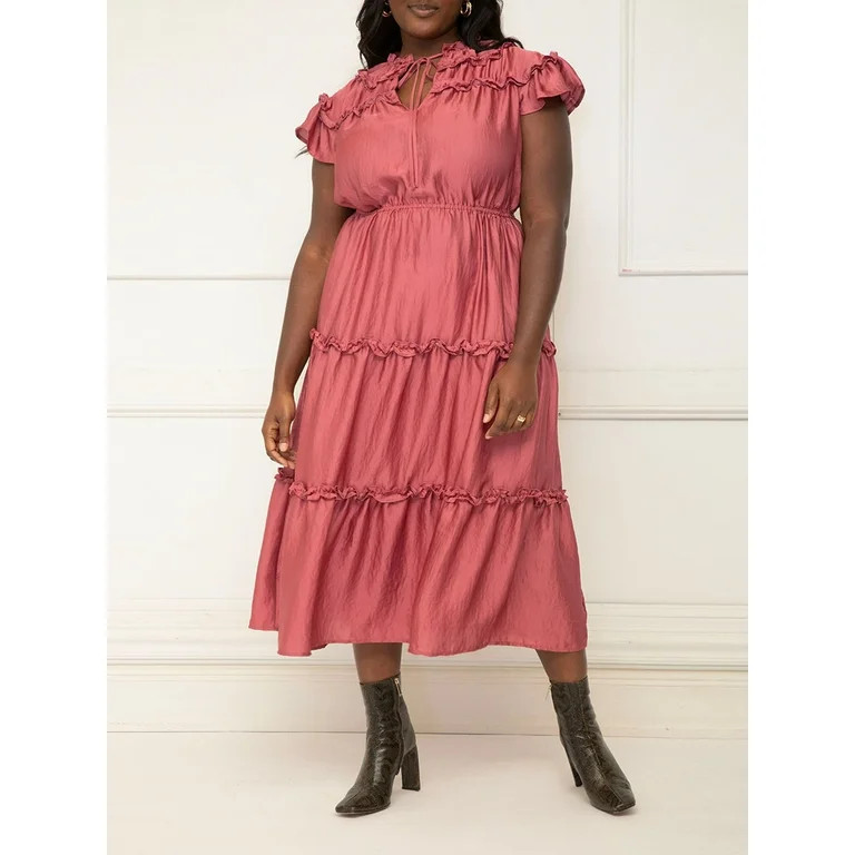 ELOQUII Elements Women's Plus Size Ruffle-Sleeve Yoke Tiered Midi Dress | Walmart (US)
