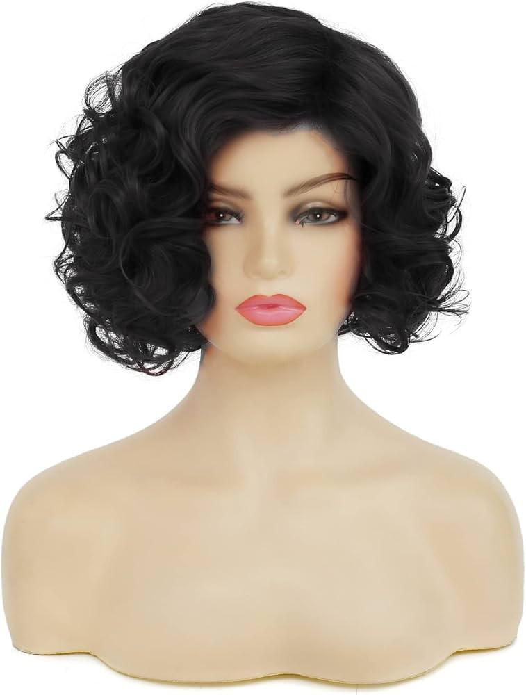 Baruisi Short Curly Black Wigs for Women Synthetic Natural Wavy Costume Cosplay Party Wig,Black | Amazon (US)