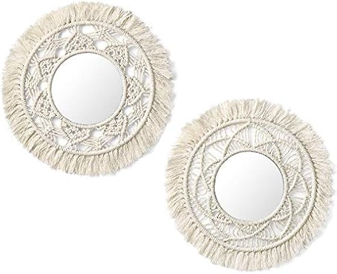 Mkono Hanging Wall Mirror with Macrame Fringe 2 Set Small Round Decoratic Boho Antique Mirror for... | Amazon (US)