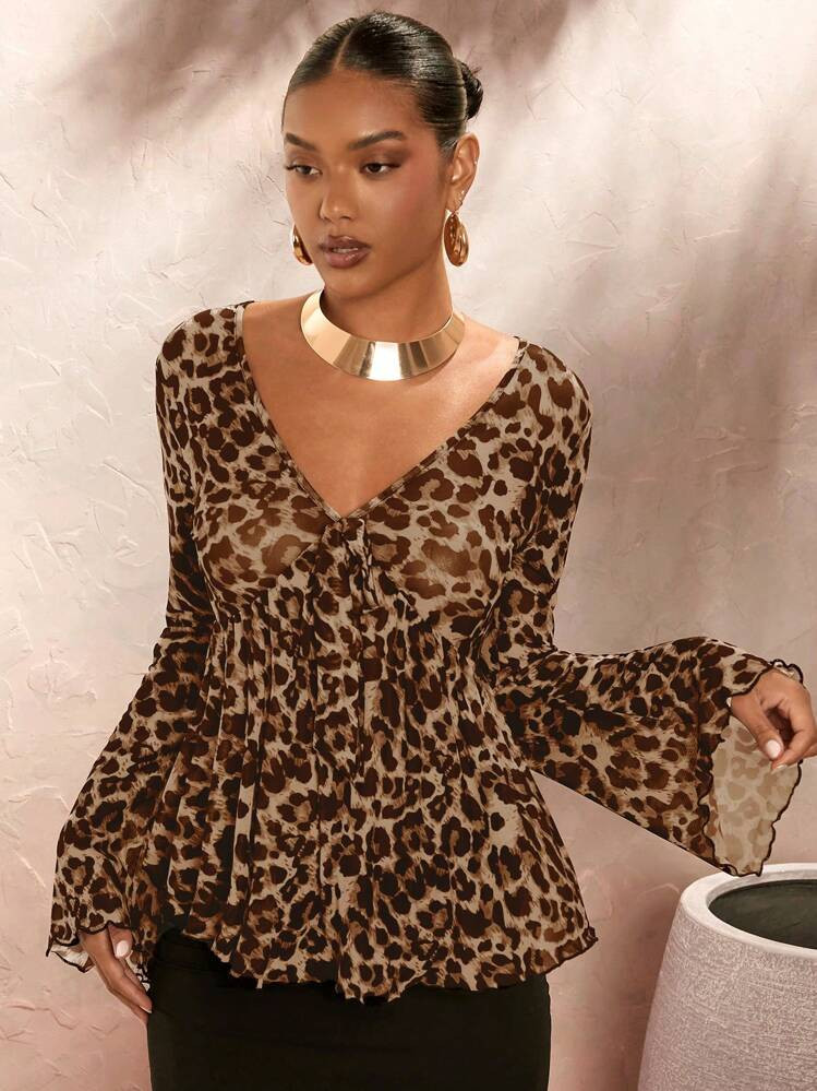 Opulessa Women's Fitted Deep V-Neck Flare Sleeve Leopard Print Knitted Mesh Vacation Top ,Long Sleeves Woman, Sexy ,Party ,Elegant Style, Siren Office Outfit, Fall Tops For Women | SHEIN