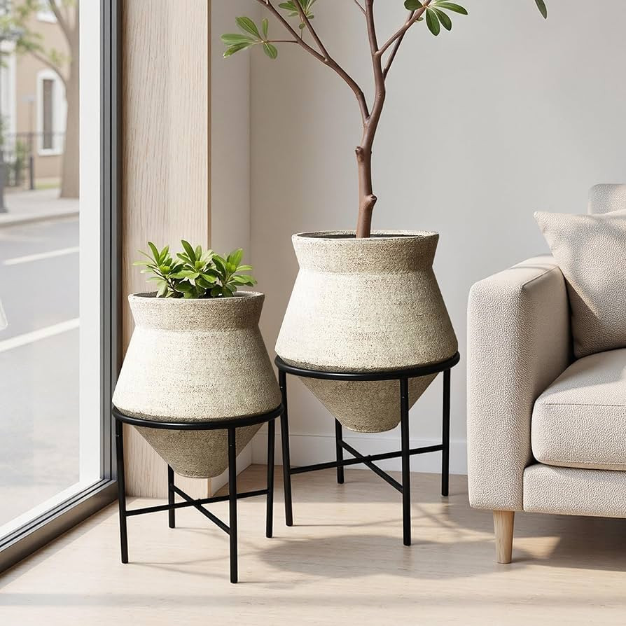 2PCS Metal Cachepot Planter Set with Stand, Beige | Amazon (US)
