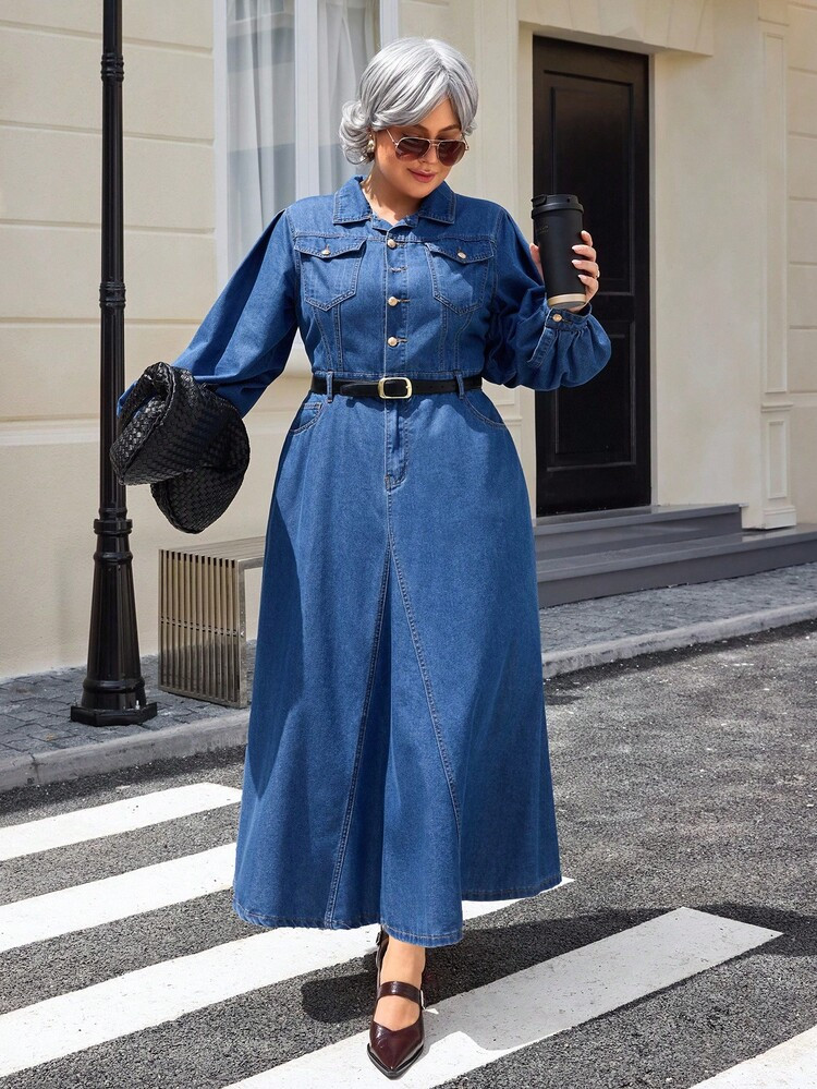 EMERY ROSE Plus Size Women Navy Blue Fashionable Slim Fit Denim Dress | SHEIN