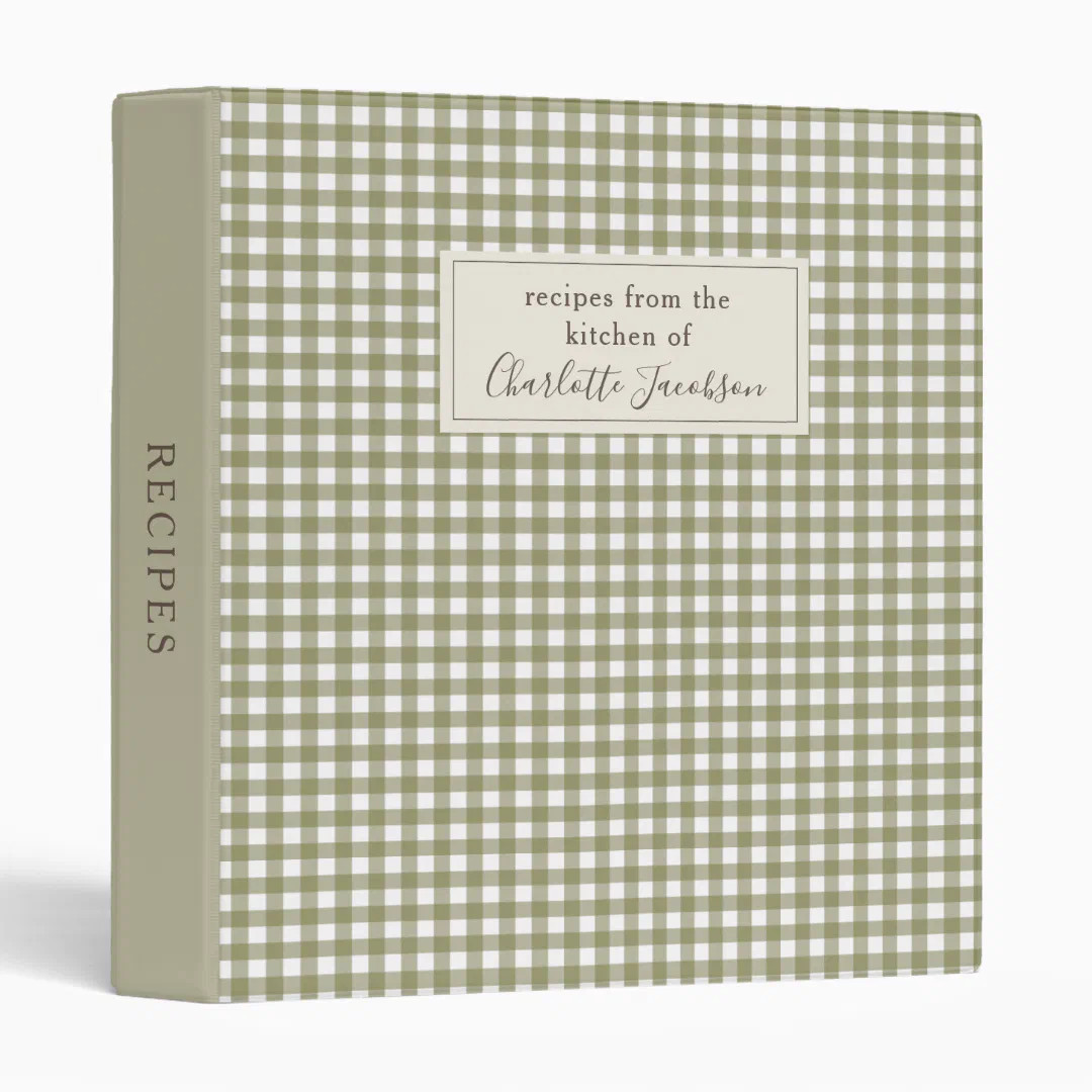 Rustic Olive Green Gingham Plaid Monogram Recipe 3 Ring Binder | Zazzle | Zazzle