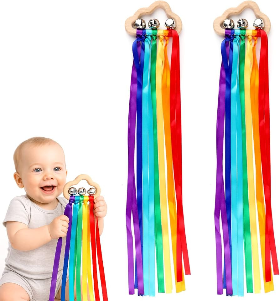 2PCS Sensory Wooden Ring Baby Toys – Montessori Rainbow Ribbon Rattle Toys with Bells, Educatio... | Amazon (UK)