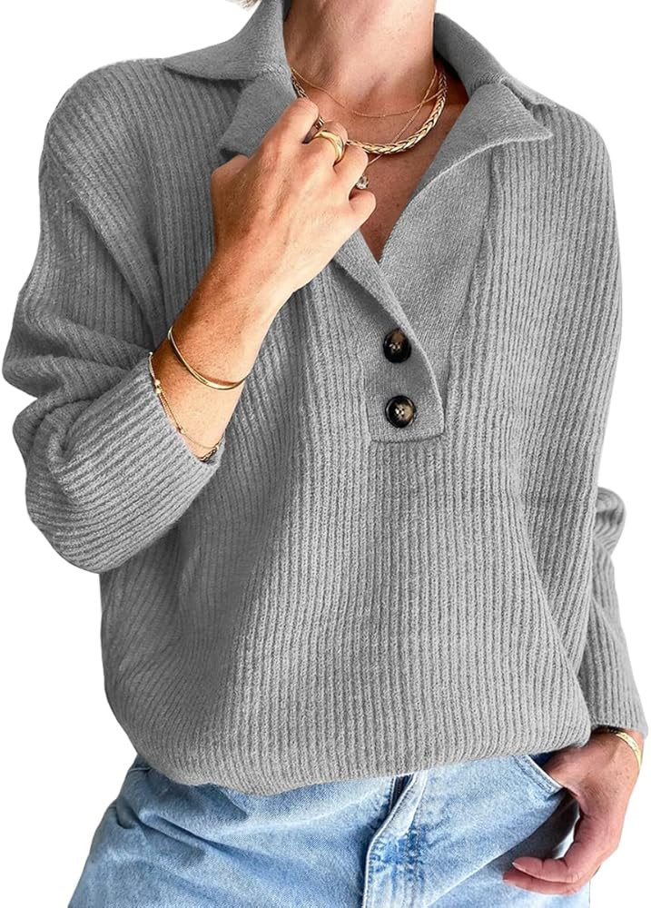 LILLUSORY Women's Snap-Buttons Foldover Collar Henley Knitted Pullover Sweater Tops | Amazon (US)