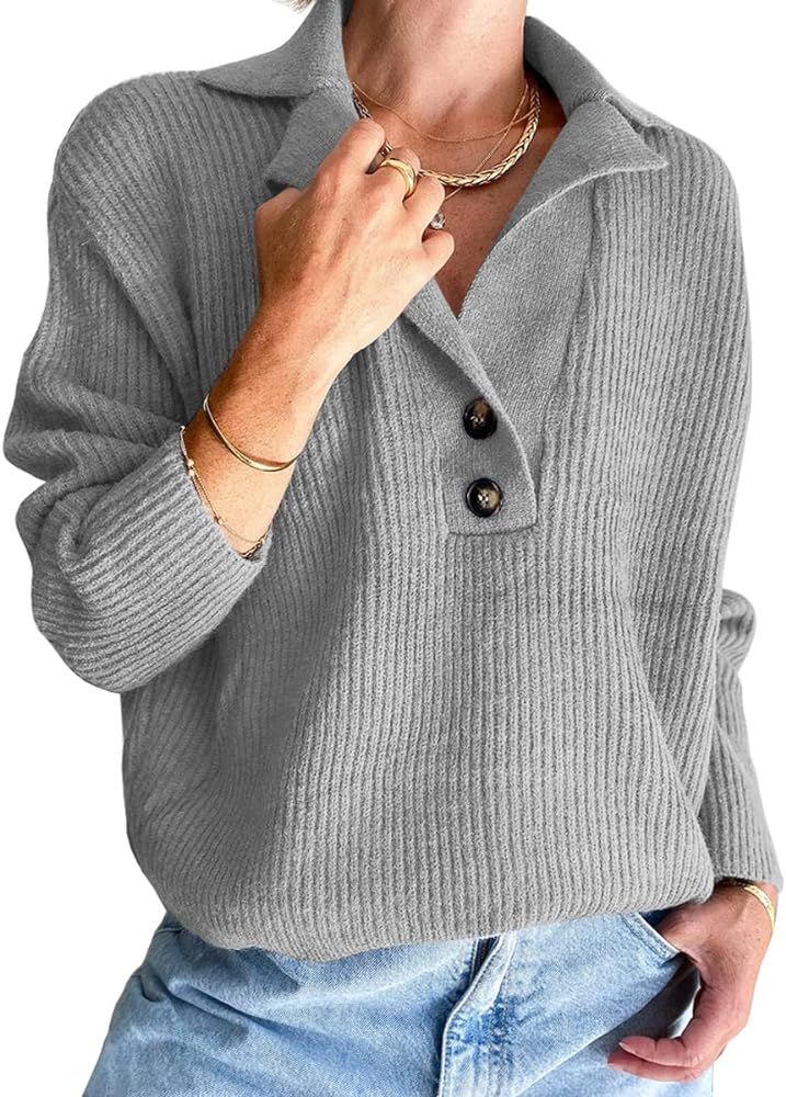 LILLUSORY Women's Snap-Buttons Foldover Collar Henley Knitted Pullover Sweater Tops | Amazon (US)