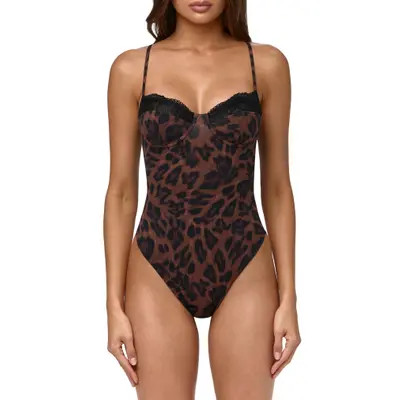 Naked Wardrobe Lace Trim Bodysuit in Brushed Leopard at Nordstrom, Size Large | Nordstrom