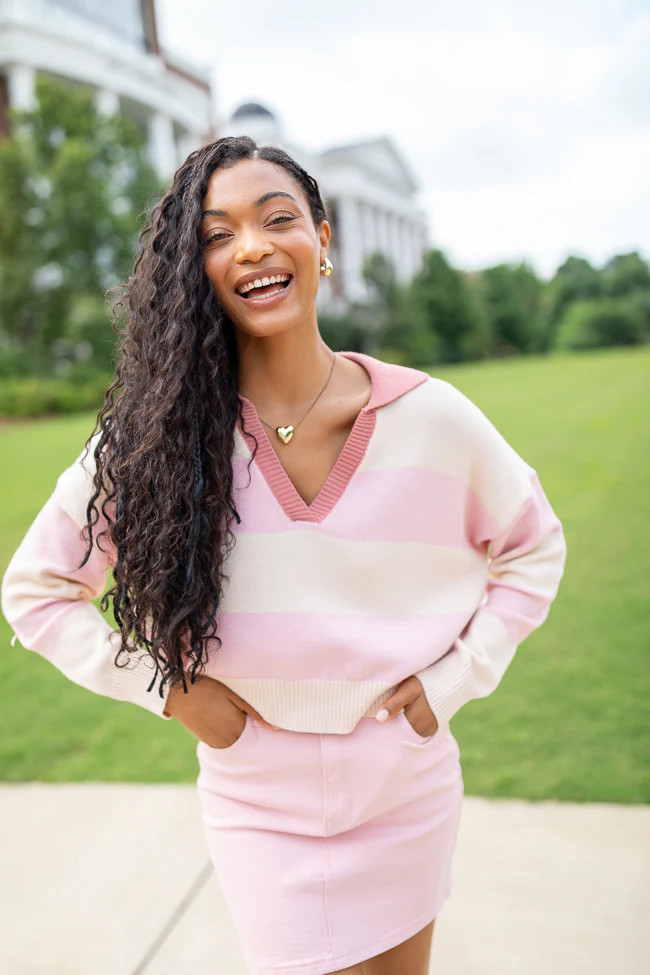Hibiscus Pink and Cream Striped Collared V-Neck Sweater | Pink Lily
