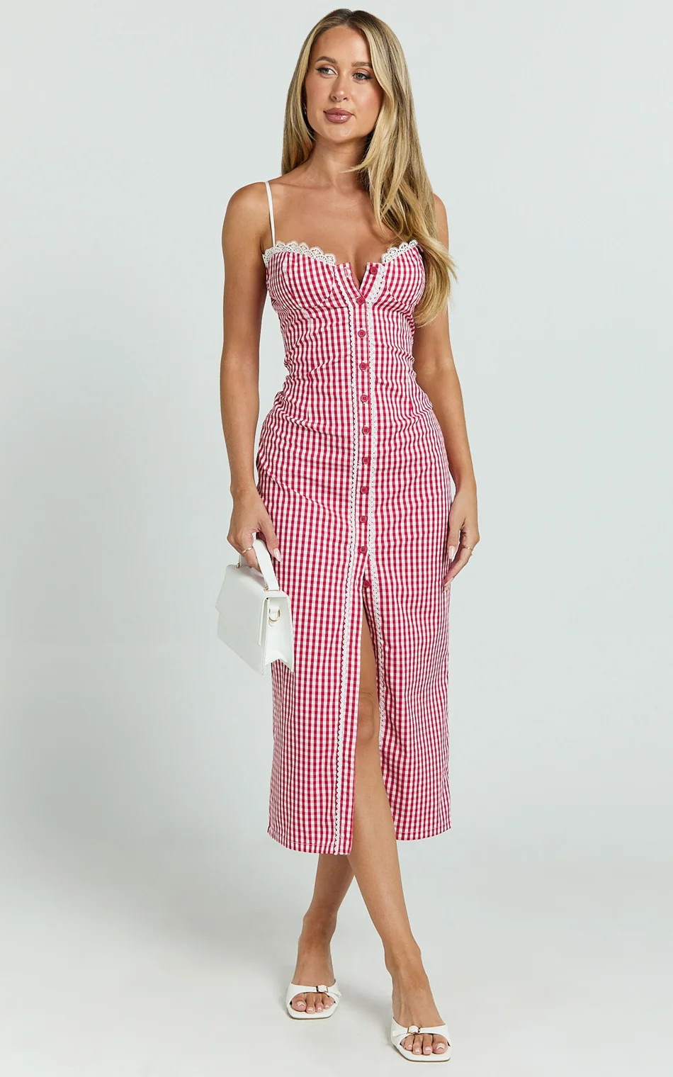 Button Front Bustier Fitted Dress in Red Gingham | Showpo (US, UK & Europe)