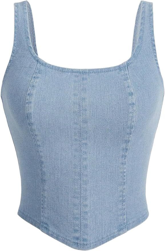 Verdusa Women's Zip Up Back Asymmetrical Scoop Neck Sleeveless Denim Crop Tank Top | Amazon (US)