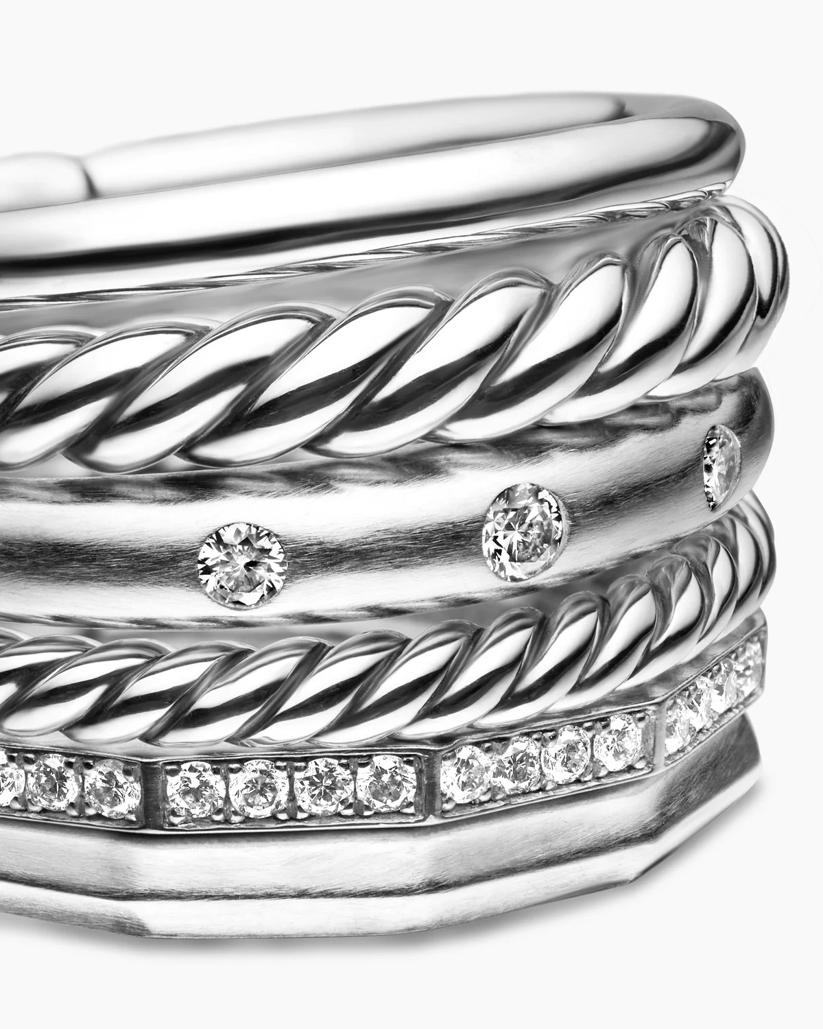David Yurman | Stax Six Row Ring in Sterling Silver with Diamonds, 16mm | David Yurman