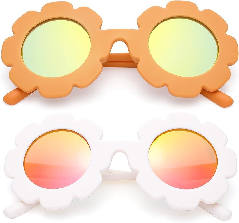 COASION 2 Pack Kids Polarized Sunglasses UV 400 Protection for Girls Boys Round Flowers Sunglasses S | Amazon (US)
