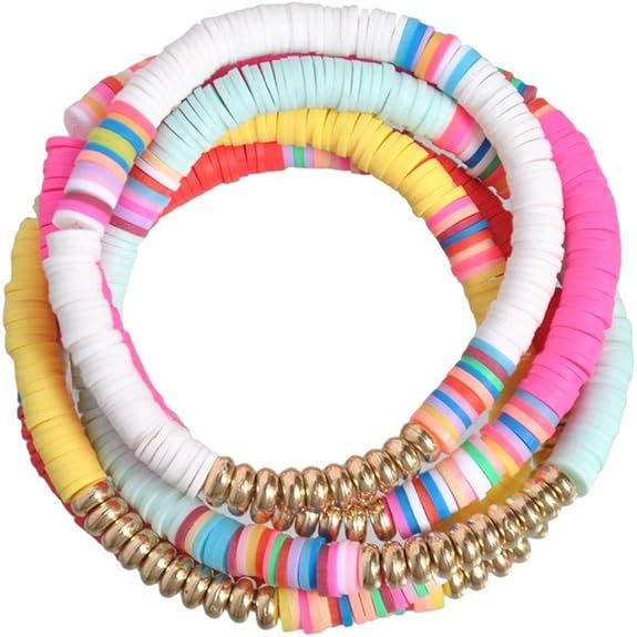 5 Pcs Colorful Sliced Clay Bracelets Handmade Rainbow Polymer Elastic Rope Boho Beaded Bracelet S... | Amazon (US)