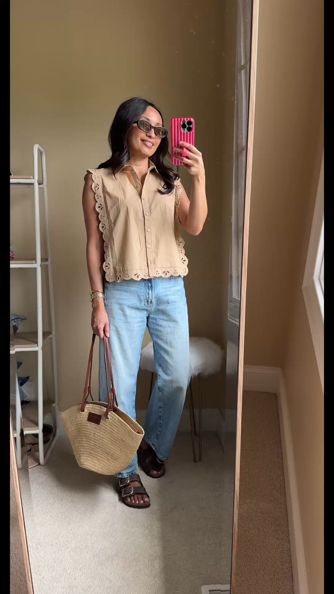 Spring outfits 2026. 
Easy, elevated casual outfit for Spring & Summer: cotton top, jeans, slide sandals, tote bag. 
- Exact top is eye-catching with the cut and detailing. Unique style to add to your wardrobe if you like cotton button up tops. Could dress up with tailored pants. Currently on sale 50% off; around $30  
- Barrel jeans in a light wash  
- Slide sandals elevate basic outfits with a beautiful raffia texture and gold buckles. They go with everything. 
- Woven tote bag is a classic for warmer months. 
- Sunglasses look chic and are good quality. 


#LTKOver40