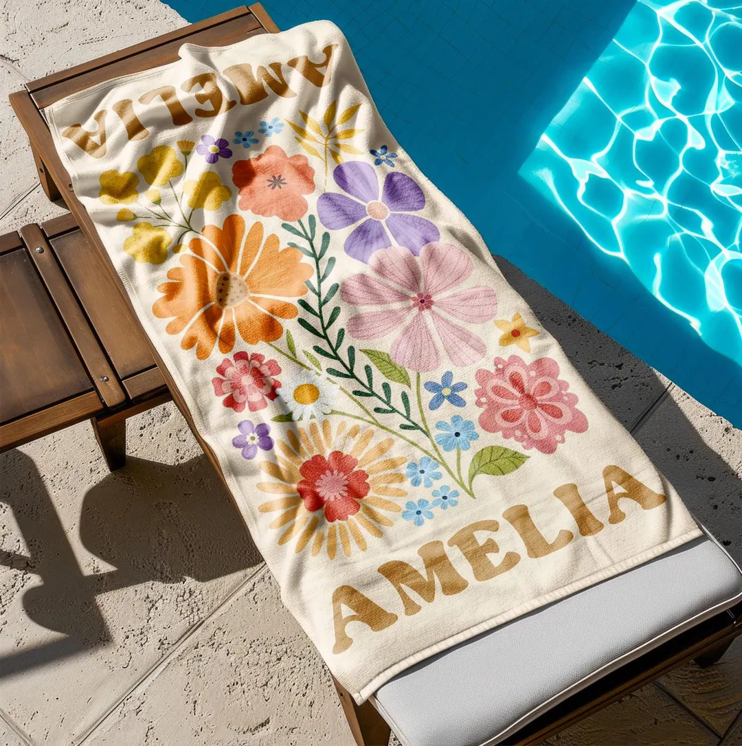Retro Flower Personalized Beach Towel,Durable Towel for Beach Days,Pool Trips and Bachelorette Pa... | Etsy (US)