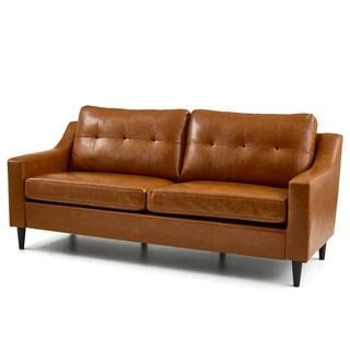 Brookside Ellen 75.5 in. Brown Camel Slope Arm Faux Leather Upholstered Straight 3-Seater Sofa-B... | The Home Depot