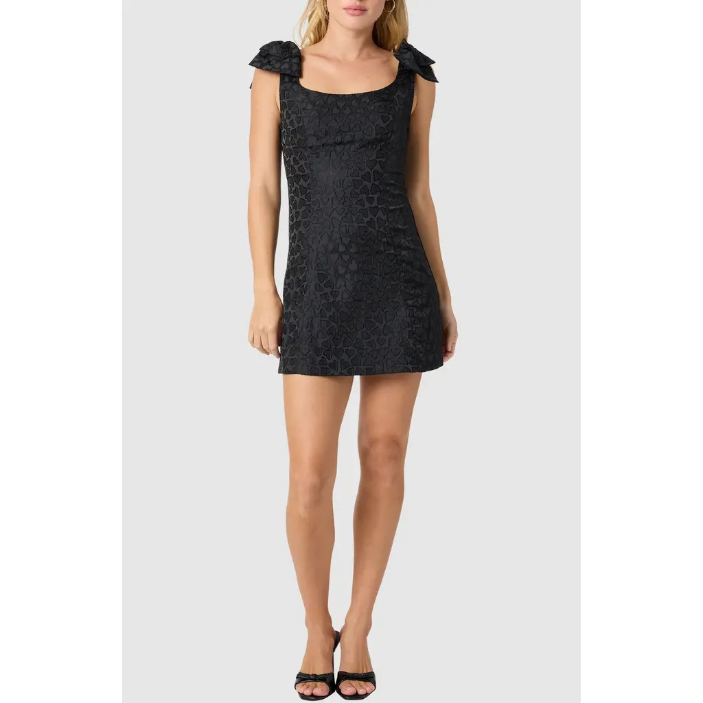 All in Favor Bow Strap Jacquard Minidress in Black Heart at Nordstrom, Size Large | Nordstrom