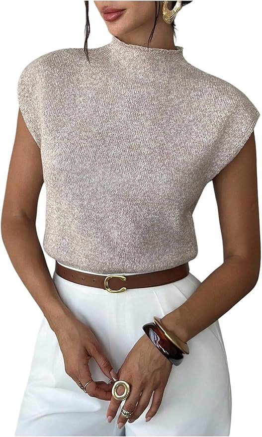 GORGLITTER Women's Cap Sleeve Cropped Sweater Mock Neck Pullover Knit Tank Tops Teacher Outfits | Amazon (US)