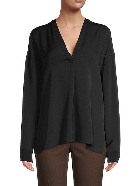 Vince Rib Trim Double V-Neck Silk Blouse on SALE | Saks OFF 5TH | Saks Fifth Avenue OFF 5TH