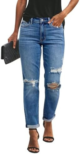KUNMI Women's Ripped Mid Waisted Boyfriend Jeans Loose Fit Distressed Stretchy Denim Pants | Amazon (US)