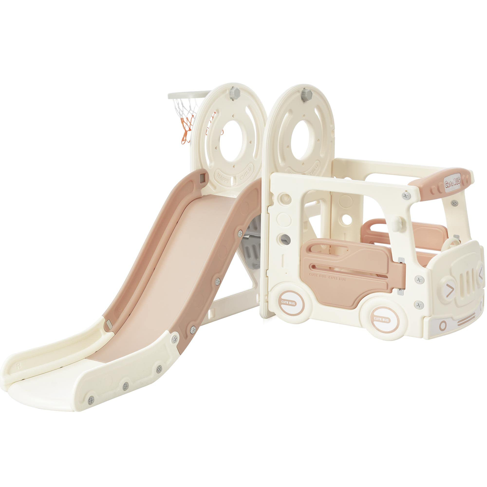 Merax 4-in-1 Kids Slide with Climber, Basketball Hoop & Bus Playhouse, Outdoor Indoor Slide Plays... | Amazon (US)