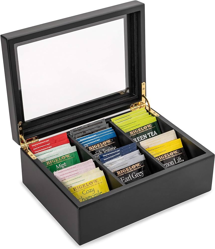 Wooden Tea Organizer For Tea Bags - Black Wooden Tea Chest With 6 Compartments - Clear Top Window... | Amazon (US)