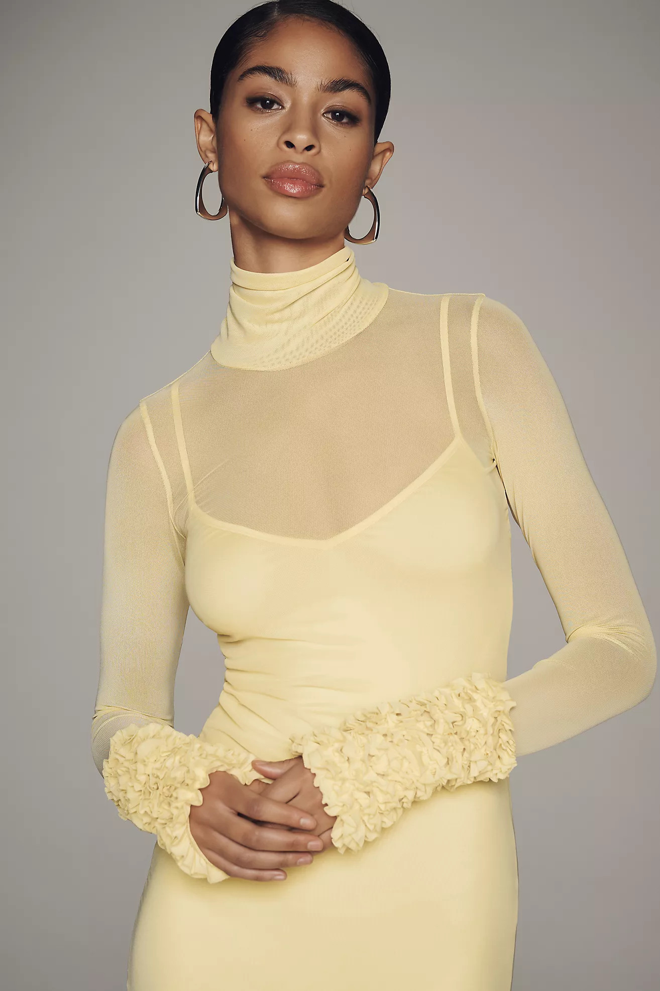 AFRM Ariel Mock-Neck Ruffle-Cuff Mesh Dress | Anthropologie (US)