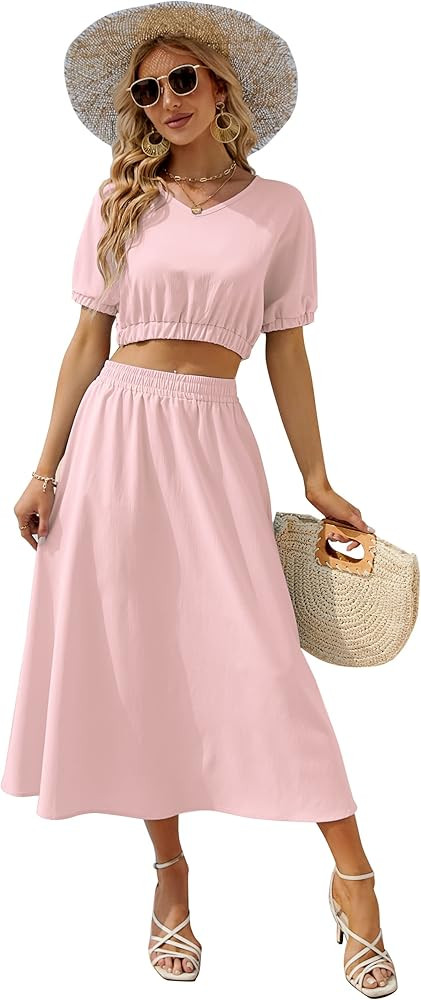 Flygo Womens Summer Dresses 2 Piece Outfits Crop V Neck Tops with Matched Wrinkle Pleating Midi S... | Amazon (US)