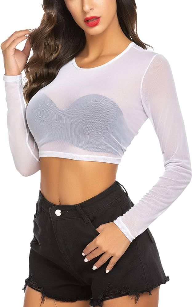 ADOME Crop Top for Women Mesh Tee Shirt Plus Size Sheer Blouse Long/Short Sleeve S-4XL | Amazon (US)