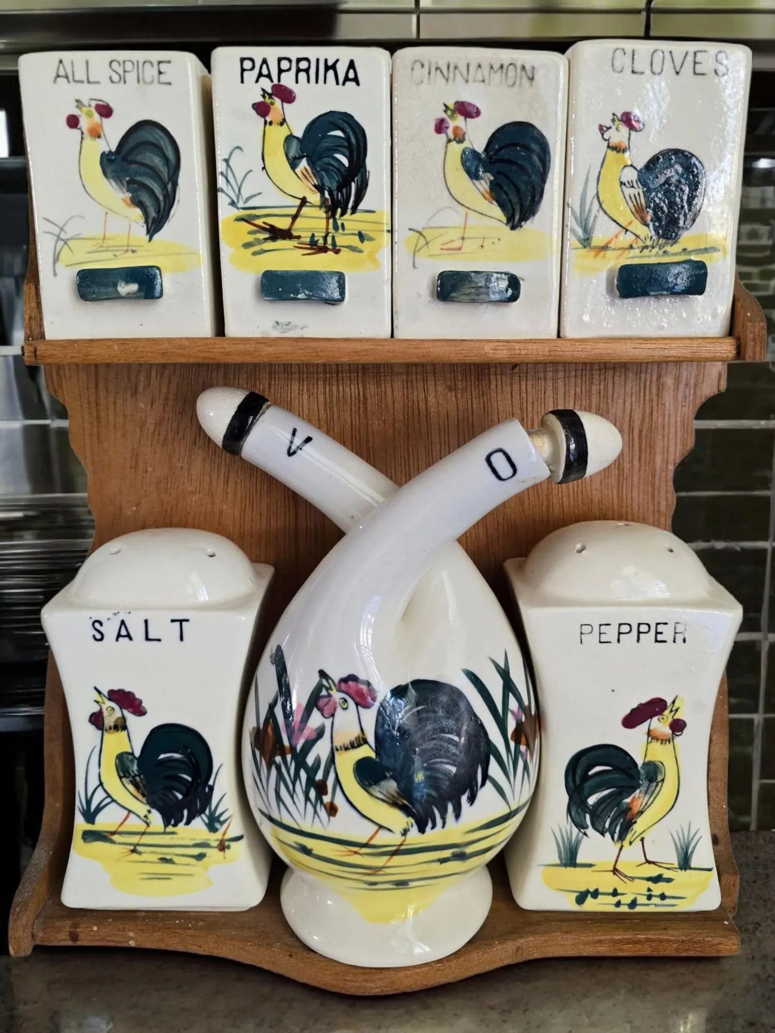 Vintage 1950s Spice and Vinegar and Oil Cruet Wood Rack Hand Painted Roosters | Etsy (Global)
